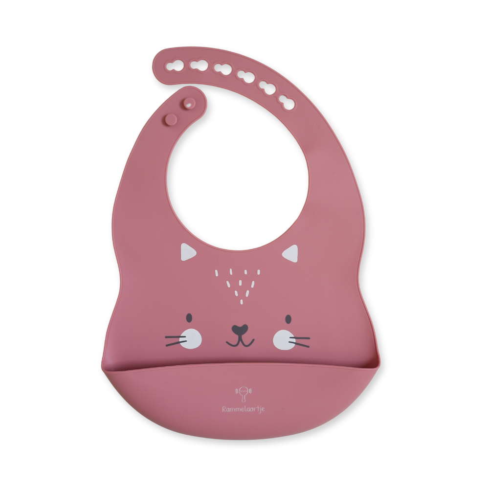 Bavoir en silicone pour bébé rose avec tête de chat